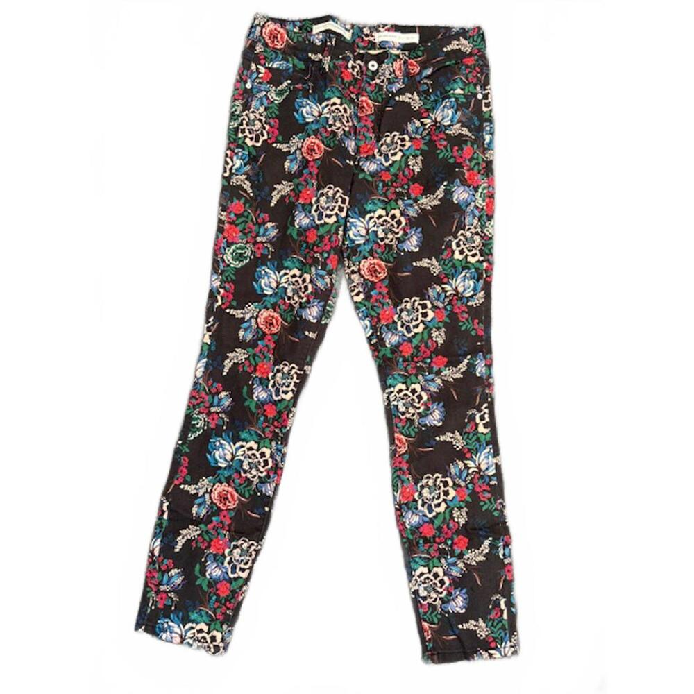 New Anthropologie Letterpress Black Floral Mid Rise Skinny Jeans 33 tall